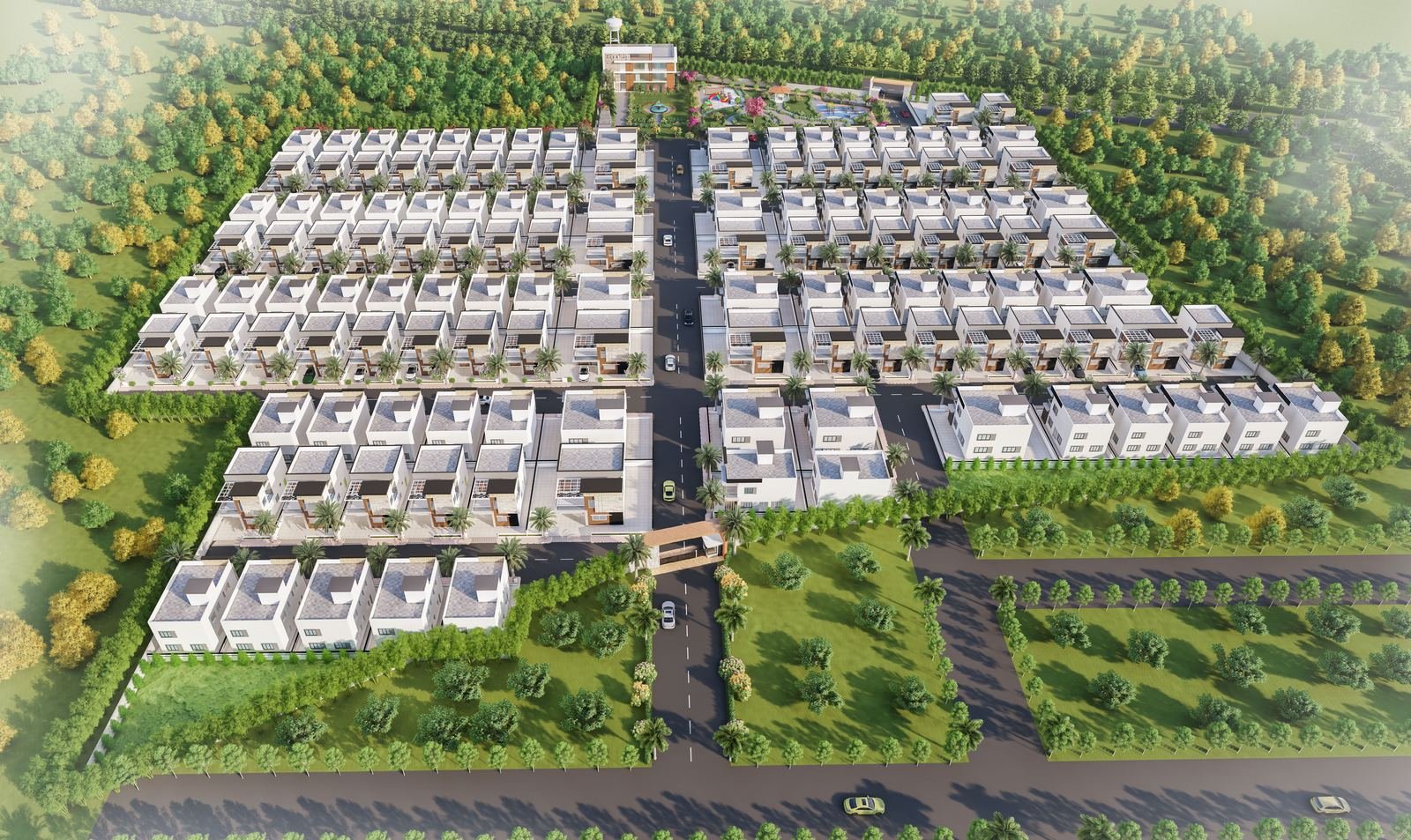 Aerial view of El Dorado open plots and individual houses at Chilkamarri, Shadnagar, with internal roads, clubhouse and landscaped park (artist's impression)