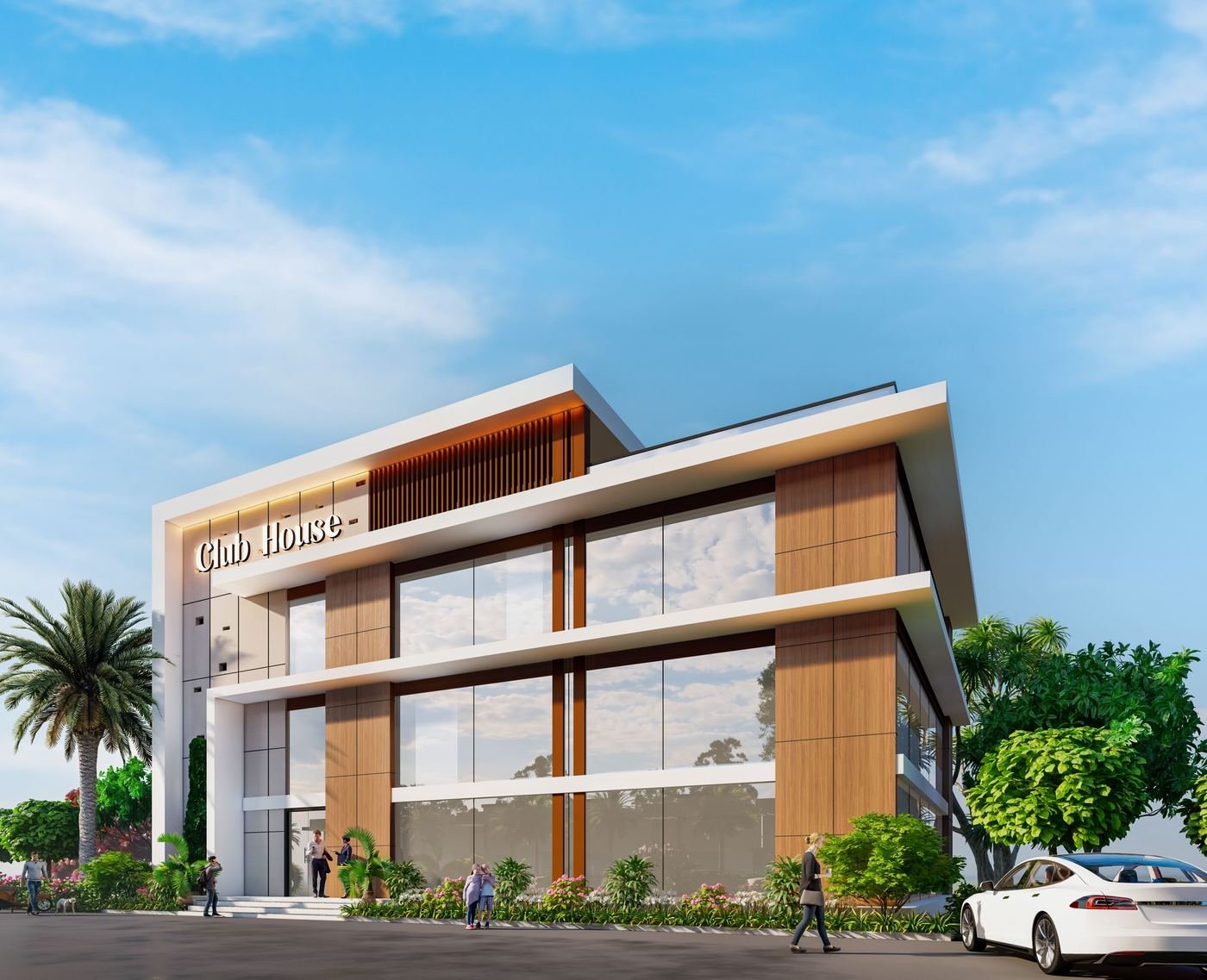 Three-floor, 10,000 sq. ft. clubhouse at El Dorado, Shadnagar, with wood-panelled columns and wide glass frontage (artist's impression)
