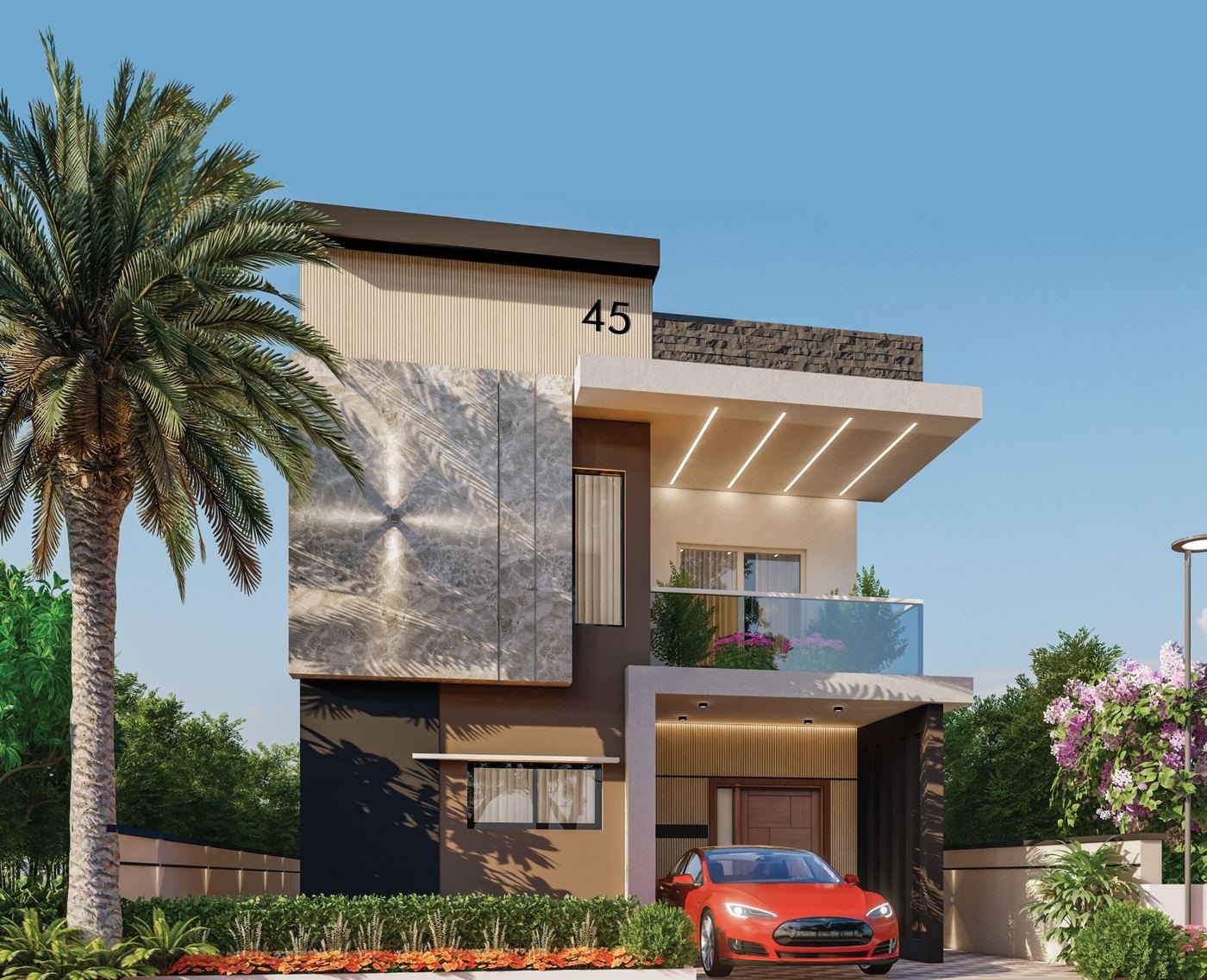 East-facing individual house at El Dorado, Chilkamarri, Shadnagar: a two-storey home with stone-clad wall, glass balcony and car porch (artist's impression)