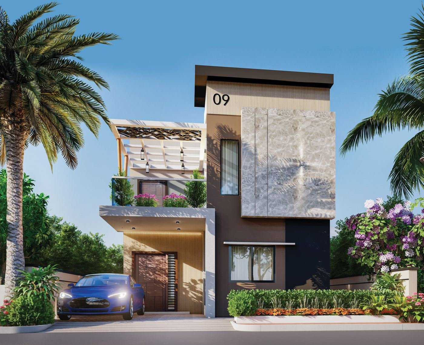 Elevation of the west-facing individual house at El Dorado, Shadnagar (artist's impression)