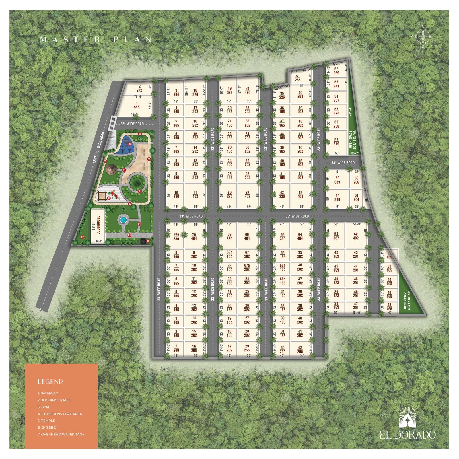 El Dorado master plan, Shadnagar: numbered open plots with sizes in sq. yds., 33 ft wide internal roads, clubhouse, landscaped park and open spaces